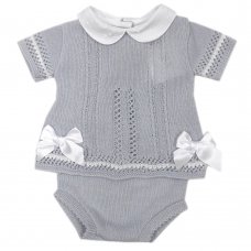 MC727-Grey: Baby Knitted 2 Piece Set With Double Bows (0-9 Months)